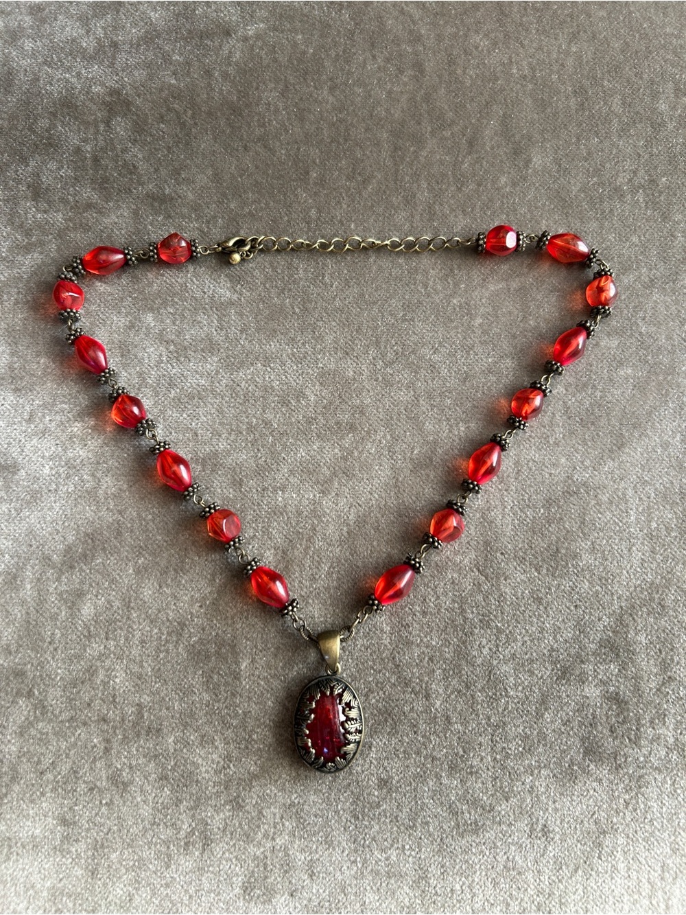 Vintage Red Bead Necklace with Ornate Pendant